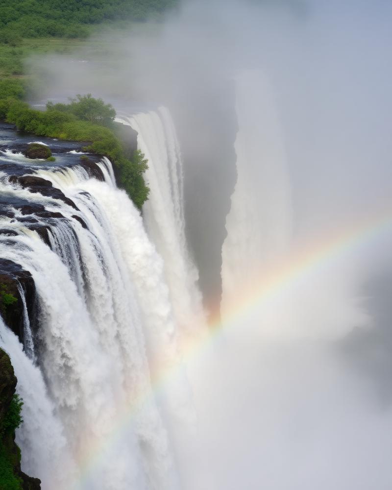 Victoria Falls waterfall with mist and a rainbow