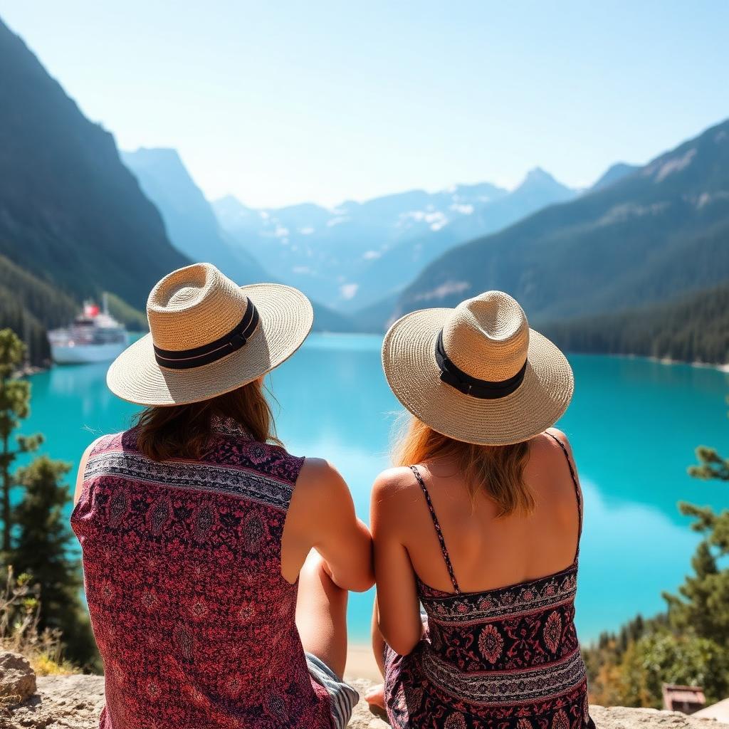 Two travellers looking out over a mountain lake at sunrise