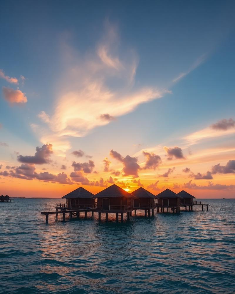 Overwater bungalows on calm turquoise water at sunset in Zanzibar