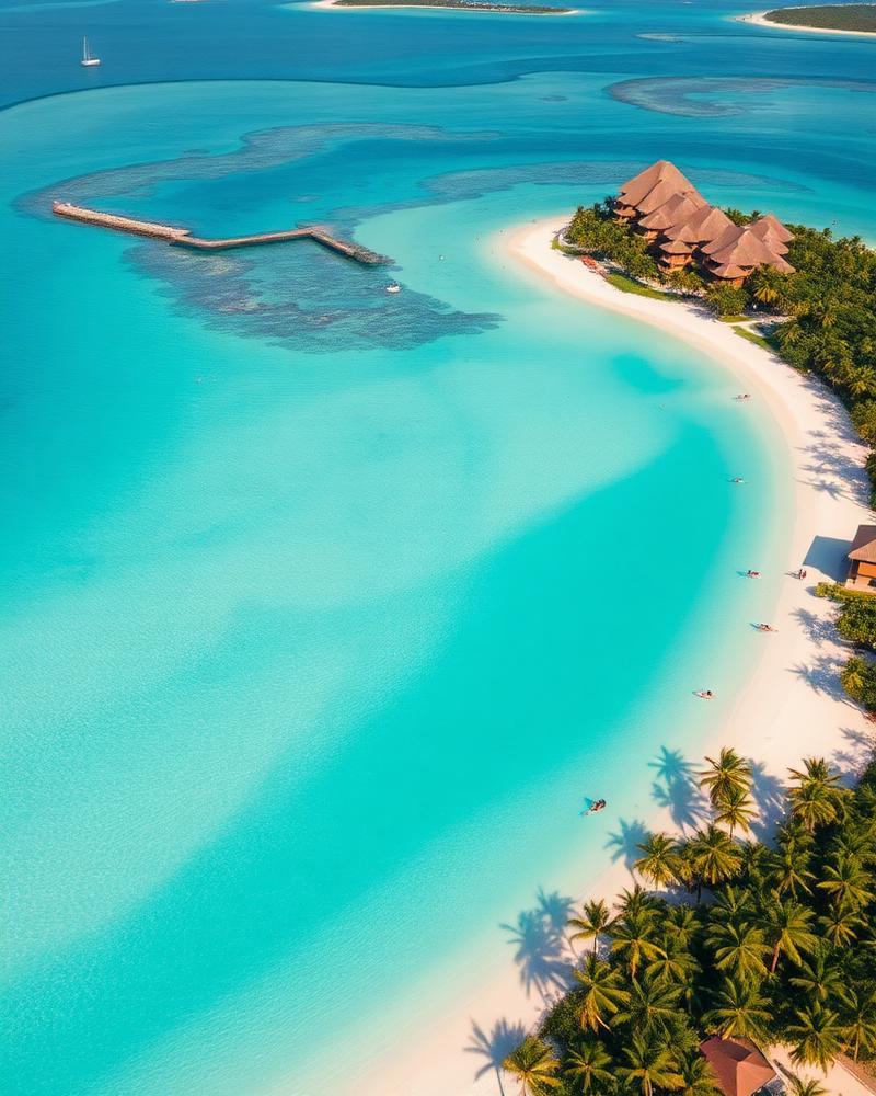 Aerial view of a turquoise lagoon and palm-lined beach in Mauritius