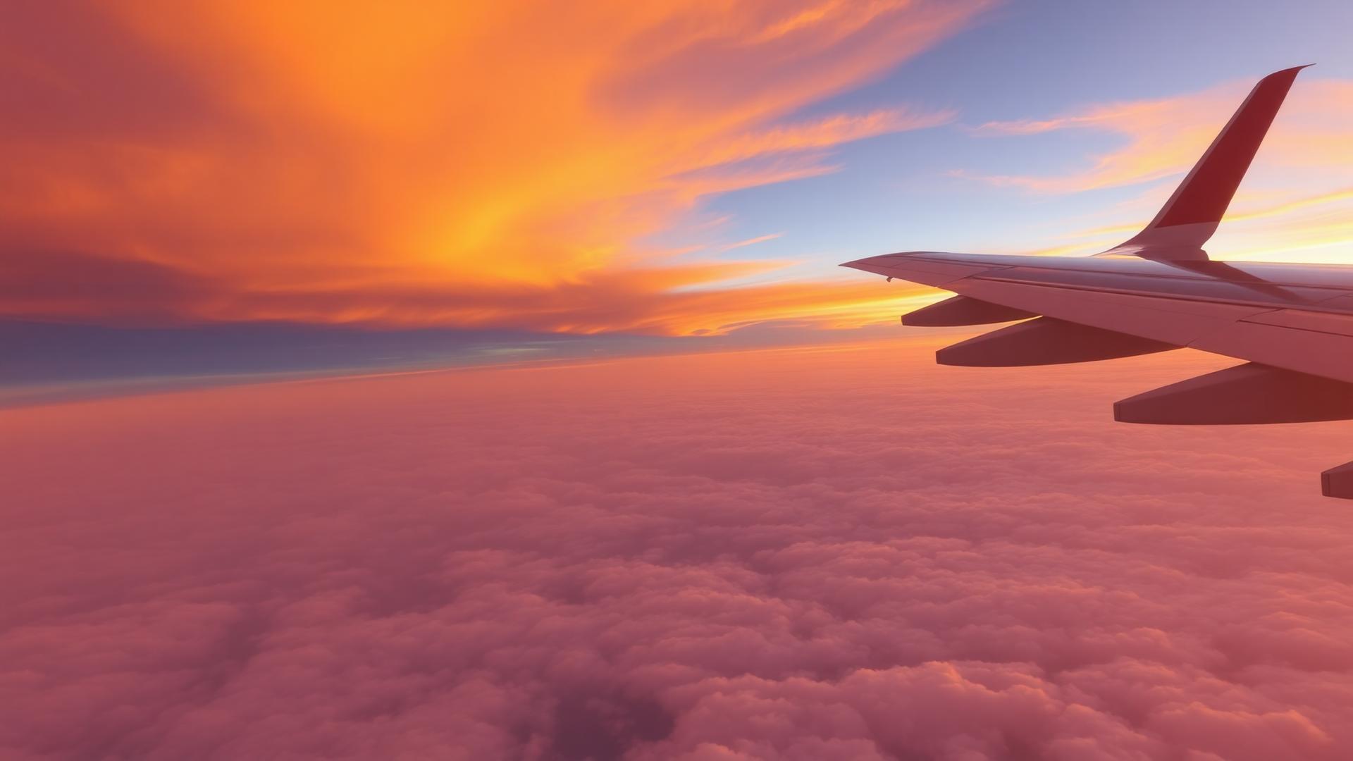 View of an aircraft wing above a golden sunset cloudscape