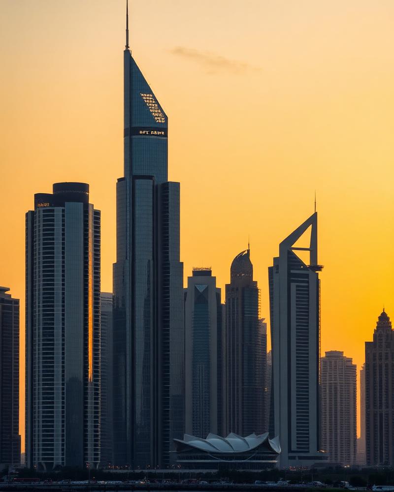 Dubai skyline of glass skyscrapers at golden sunset