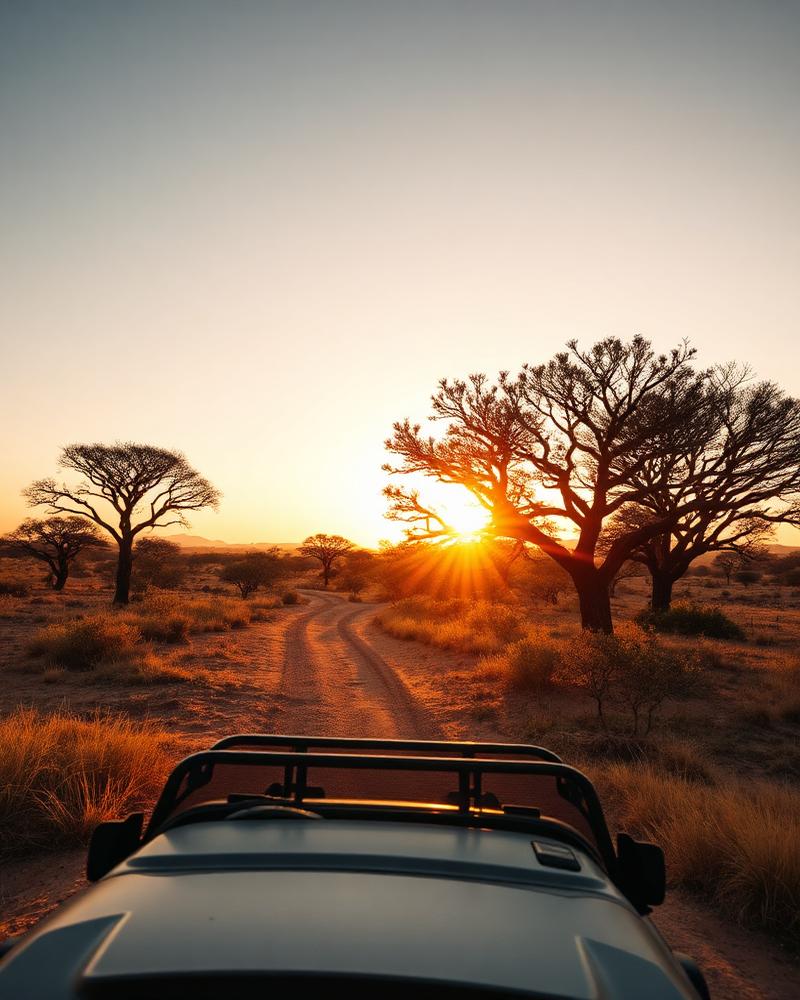 Safari vehicle on a bush track at sunset in South Africa
